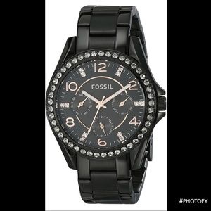 Fossil Women's ES3644 Riley Crystal-Accented Black Stainless Steel Watch